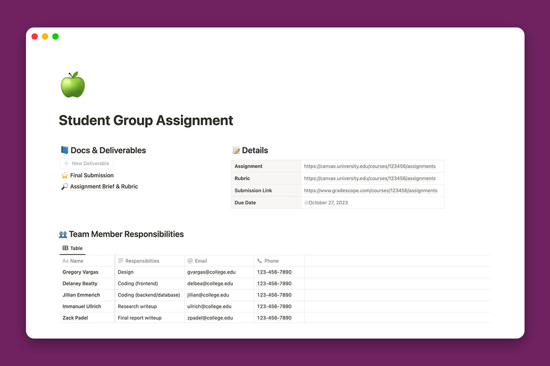 gambar template Student Group Assignment dari Notion
