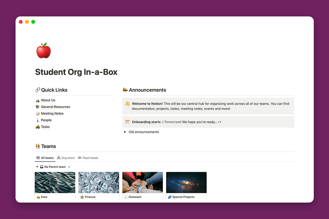 gambar template Student Org in-a-box dari Notion