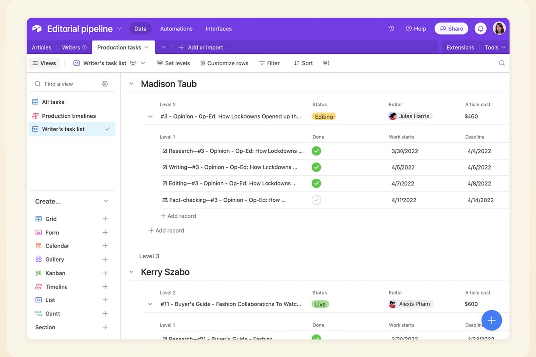 contoh tampilan Airtable