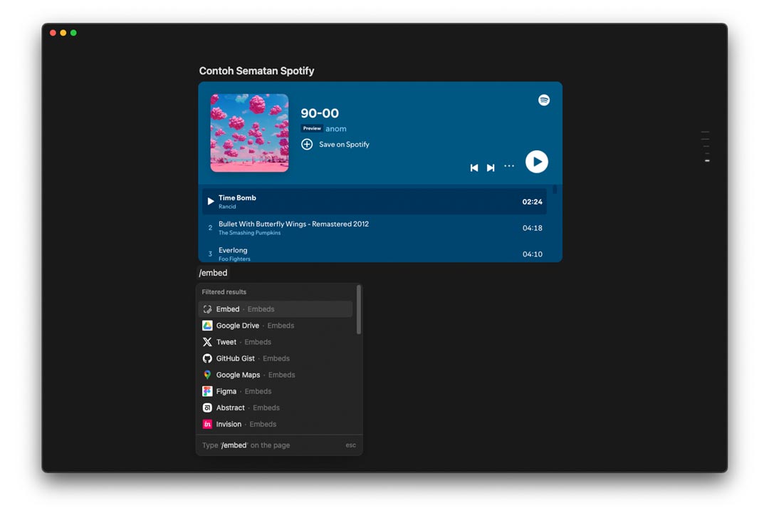 gambar contoh blok embed aplikasi spotify di notion