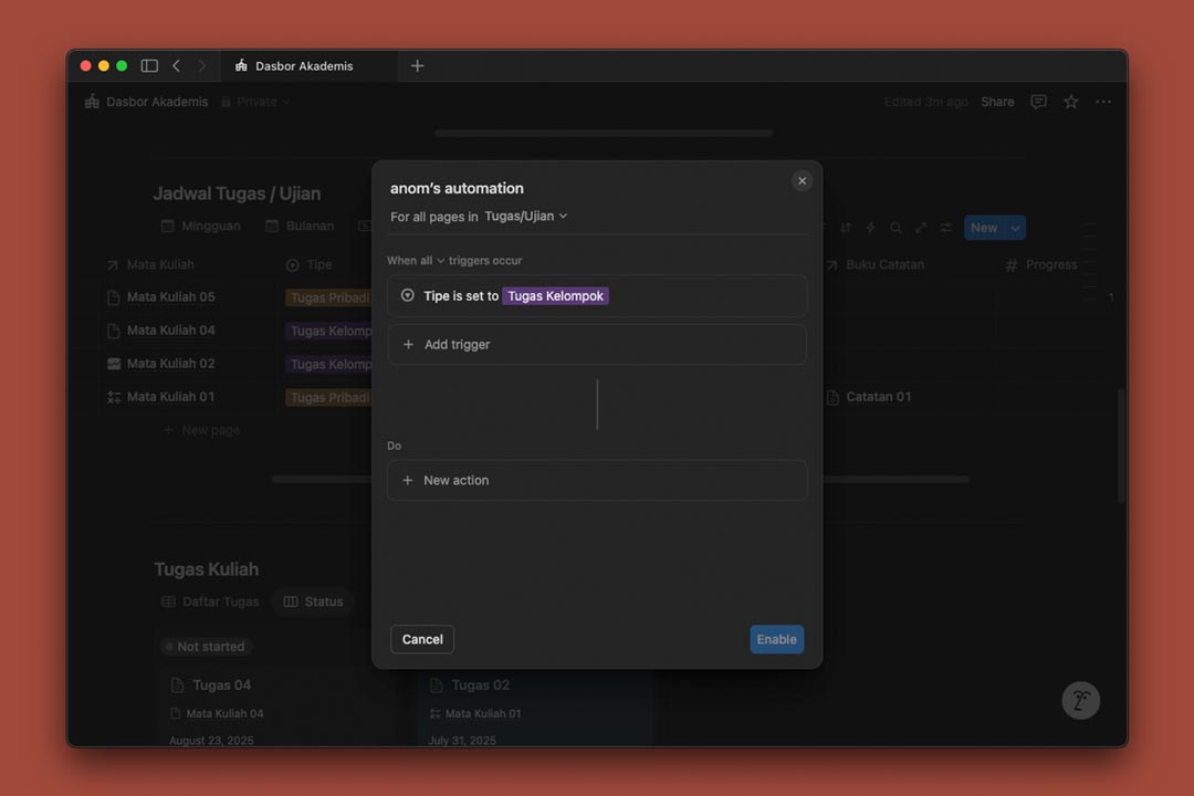 gambar contoh otomatisasi database di Notion