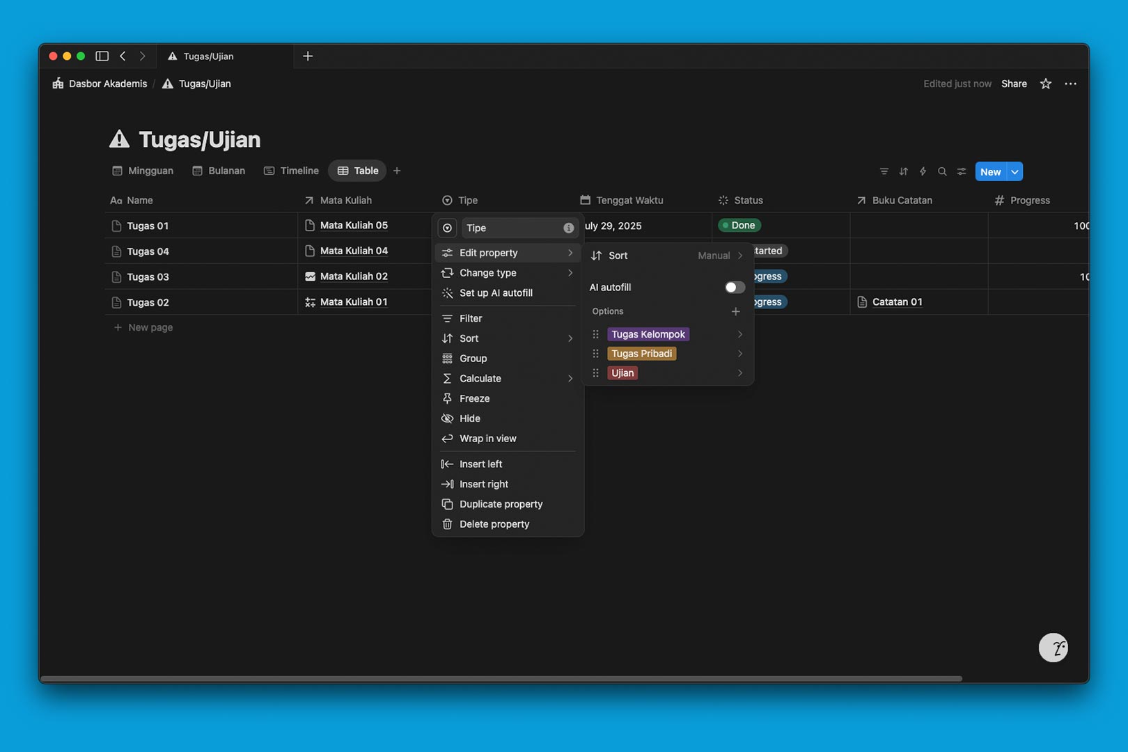 gambar contoh Property Select di database Notion