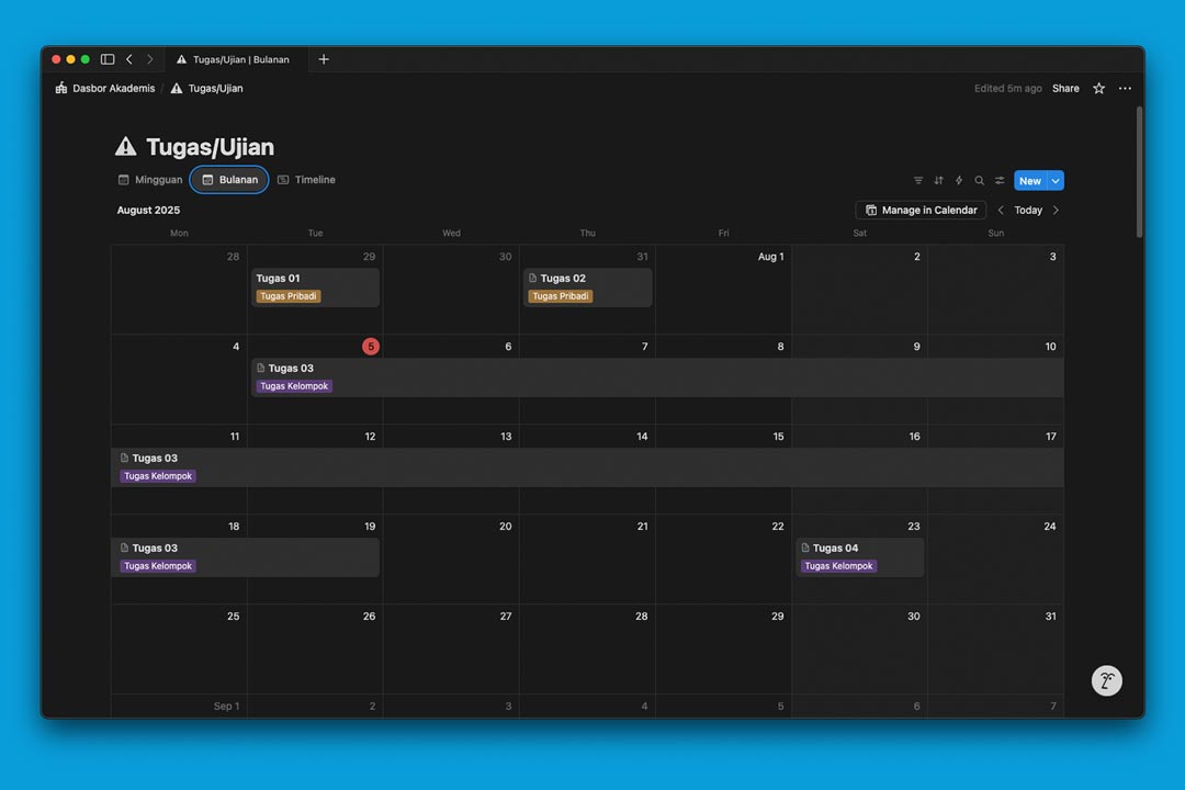 gambar contoh view Calendar di Notion