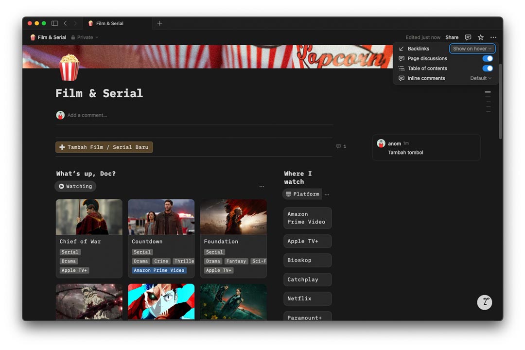 gambar menu customize page di Notion dan ada komentar