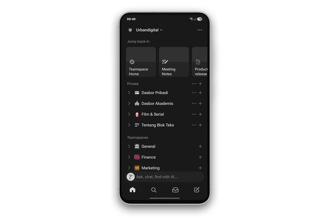 gambar halaman home aplikasi Notion di Android