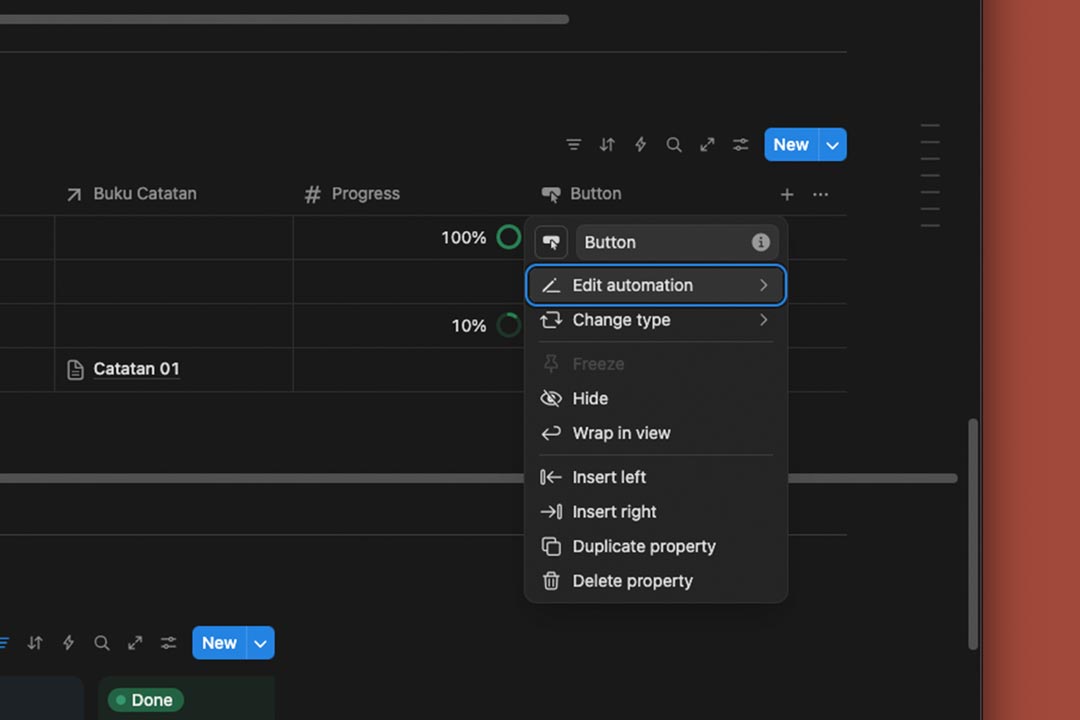 gambar contoh membuat tombol sebagai property database di Notion
