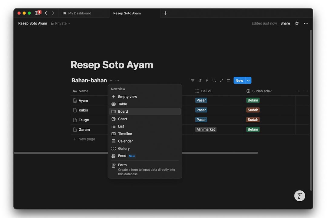 gambar cara membuat view baru dari sebuah database di Notion