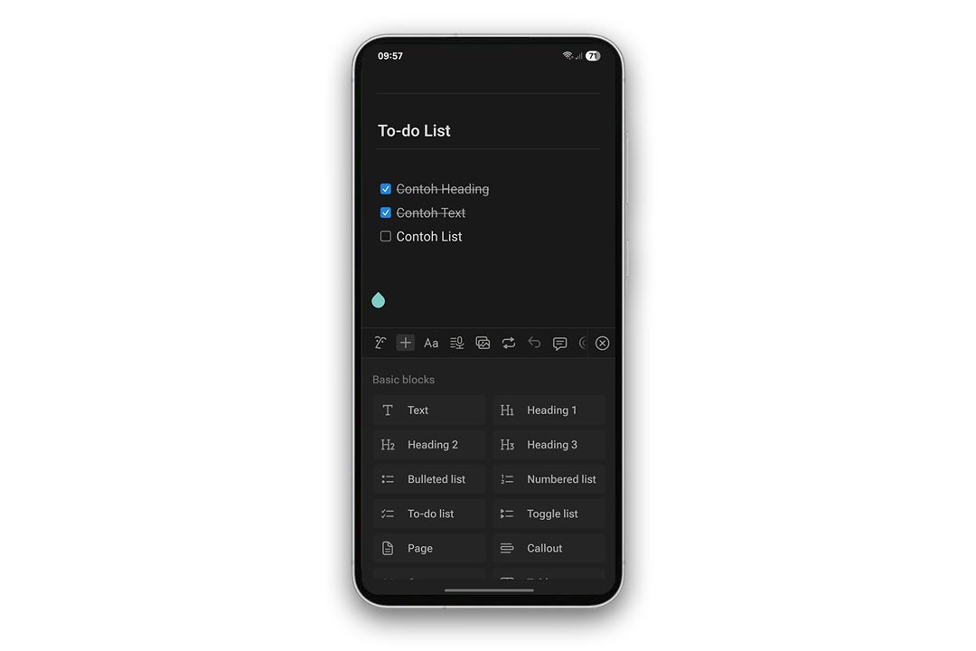 gambar tampilan penambahan blok baru di halaman Notion mobile