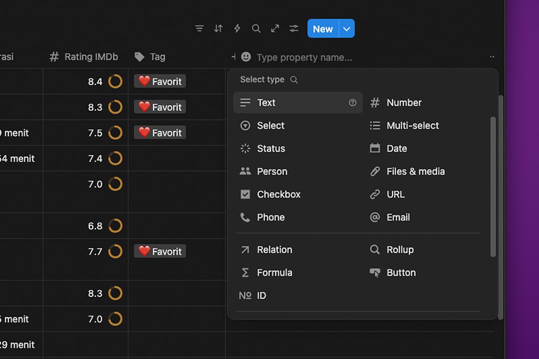 pilihan spot di database Notion
