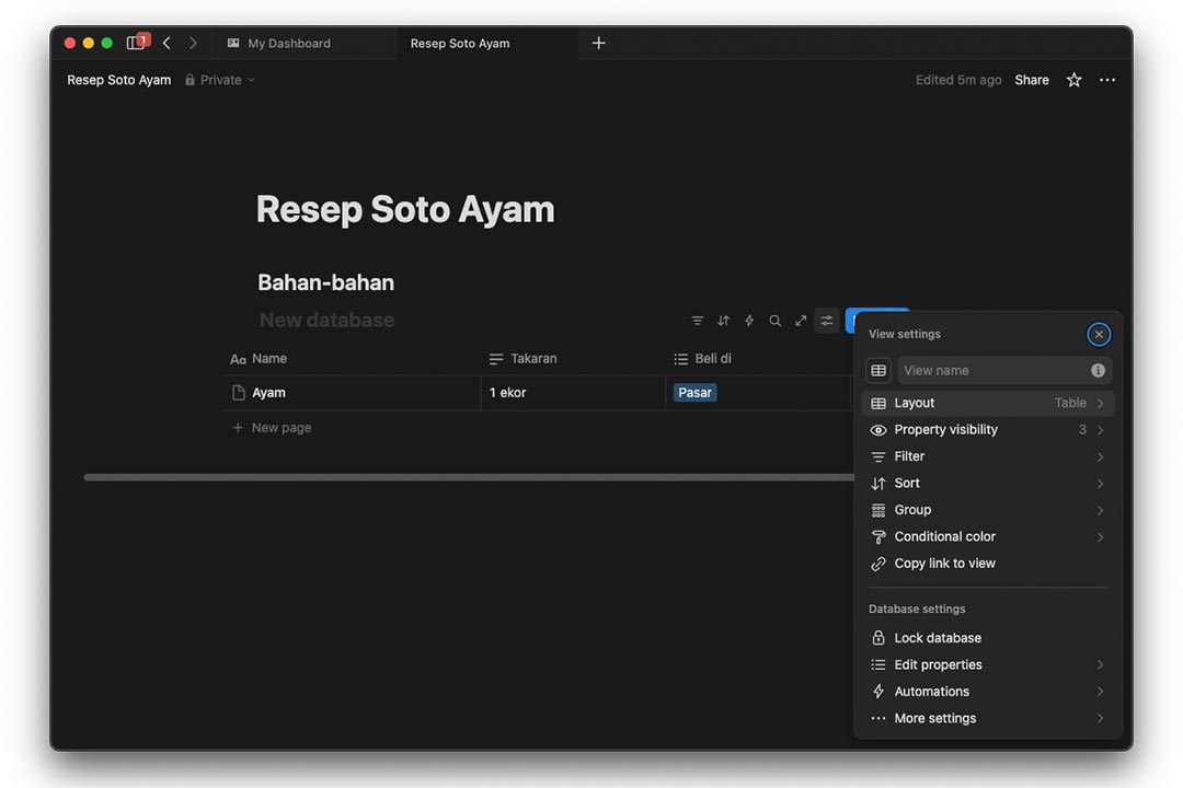 gambar pengaturan Database di Notion