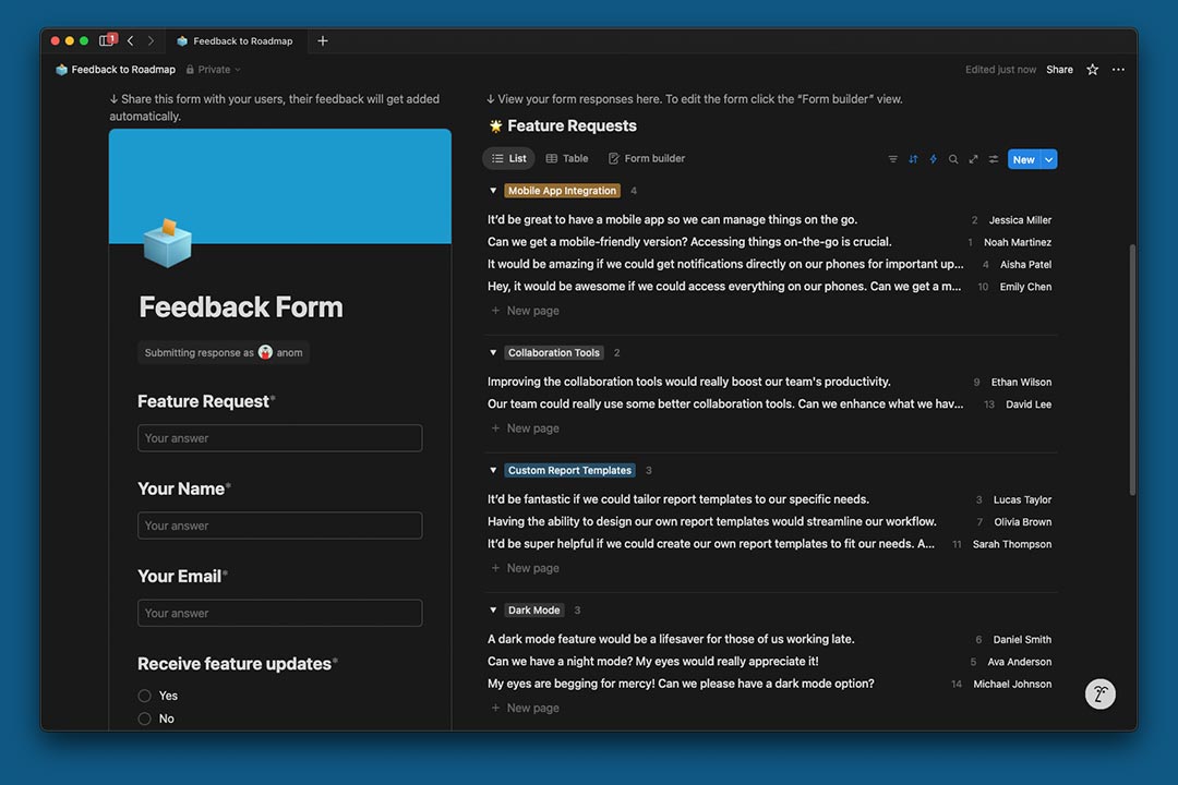gambar template Feedback Form di Notion