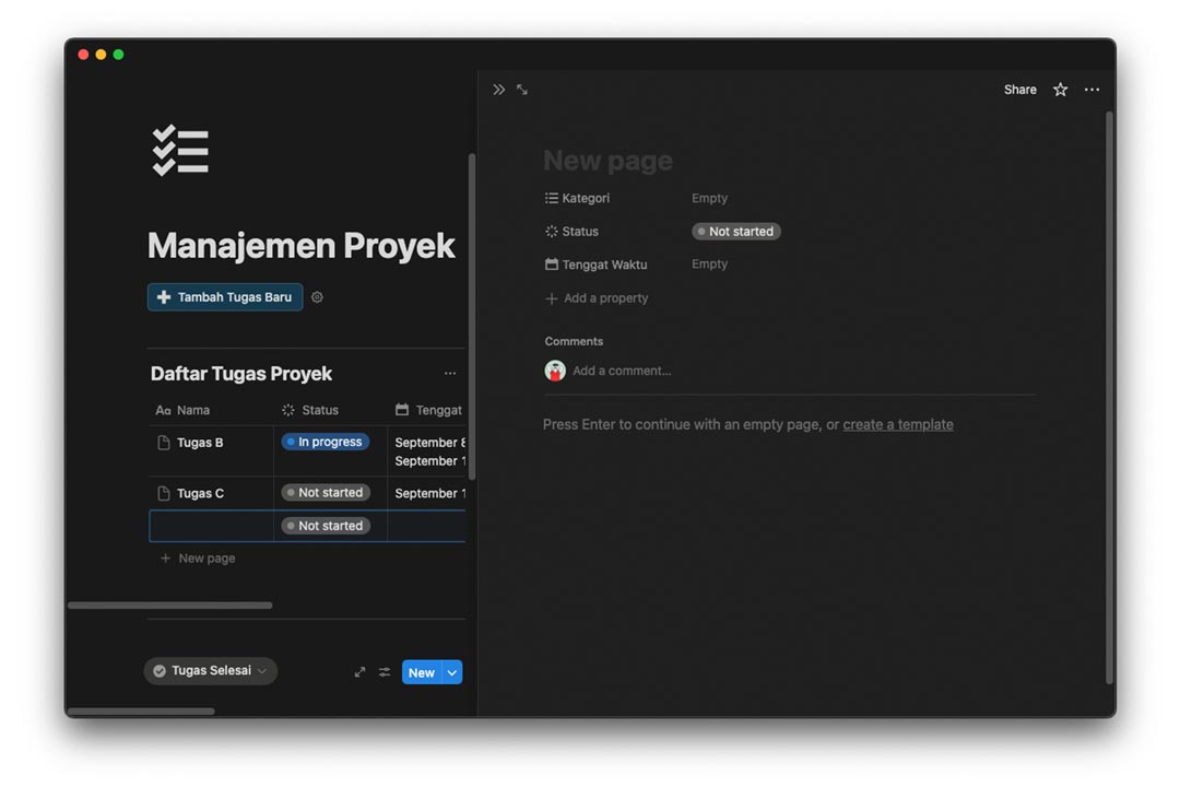 gambar contoh membuat tombol untuk menambah tugas baru di database notion
