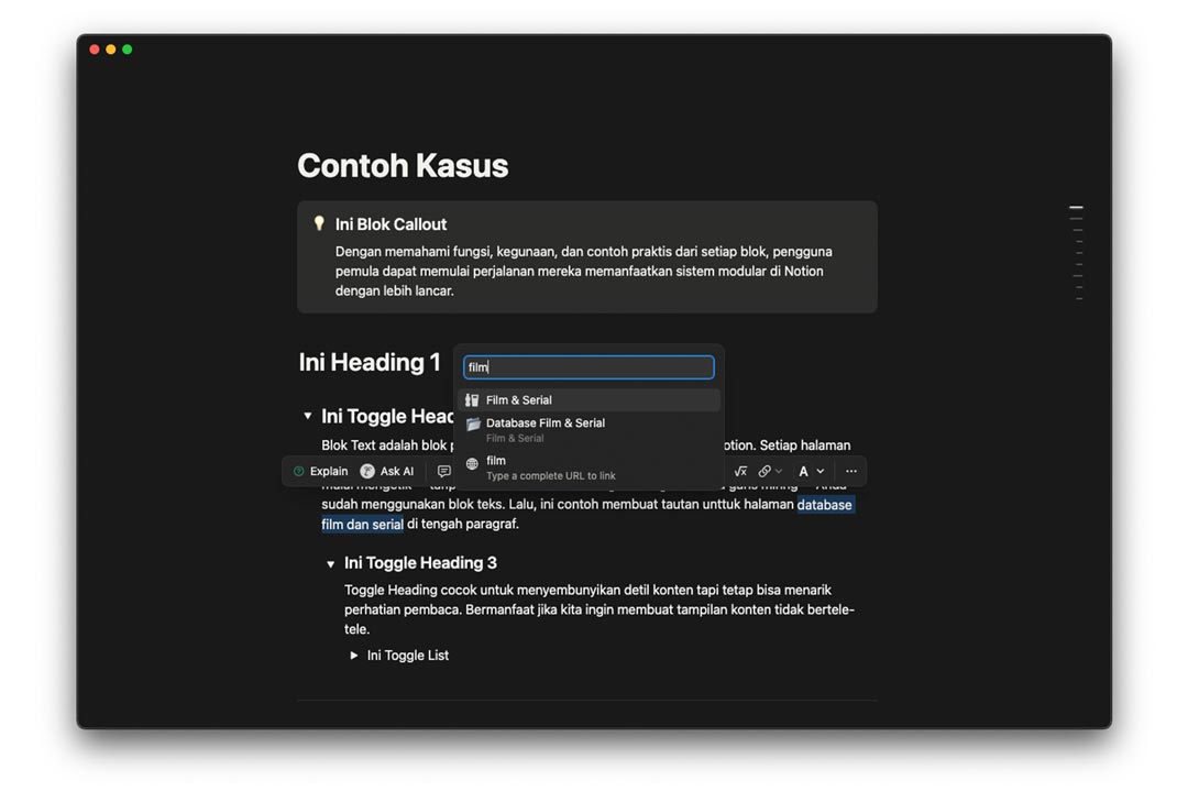 gambar contoh cara membuat hyperlink di Notion