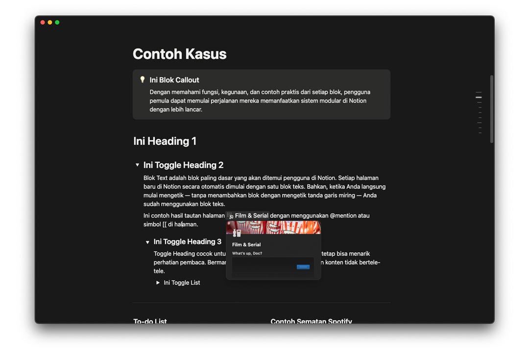 gambar contoh tautan menggunakan @mention atau perintah [[
