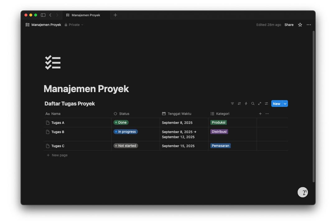 gambar contoh database tugas dengan property terkait