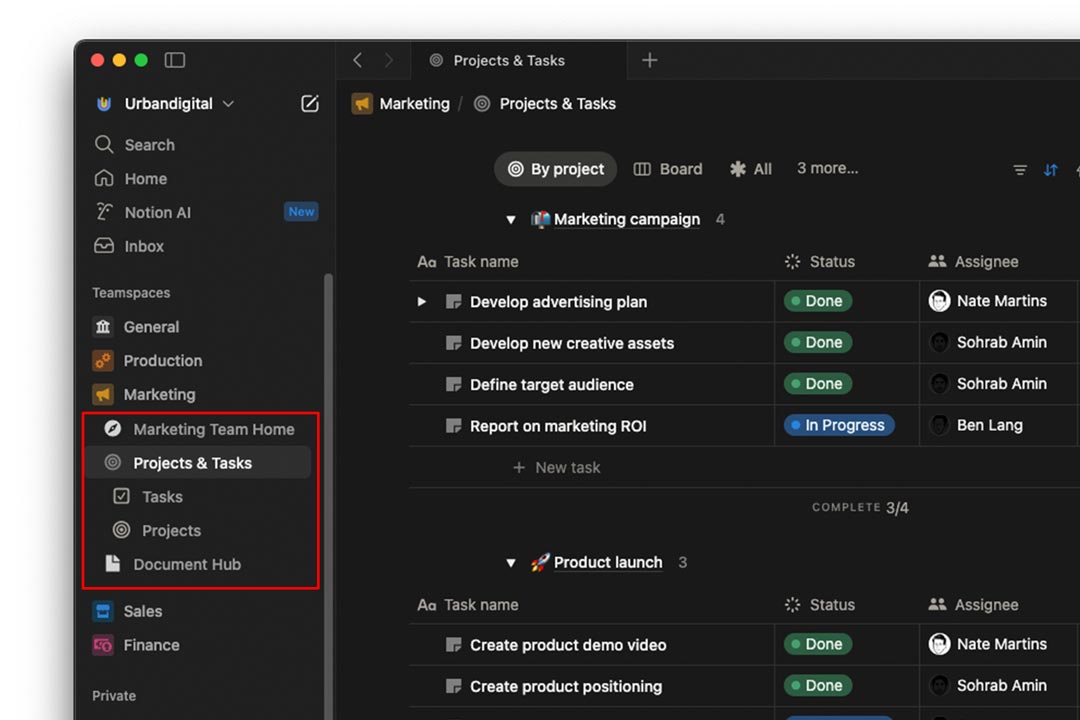 menu halaman di dalam teamspace di Notion