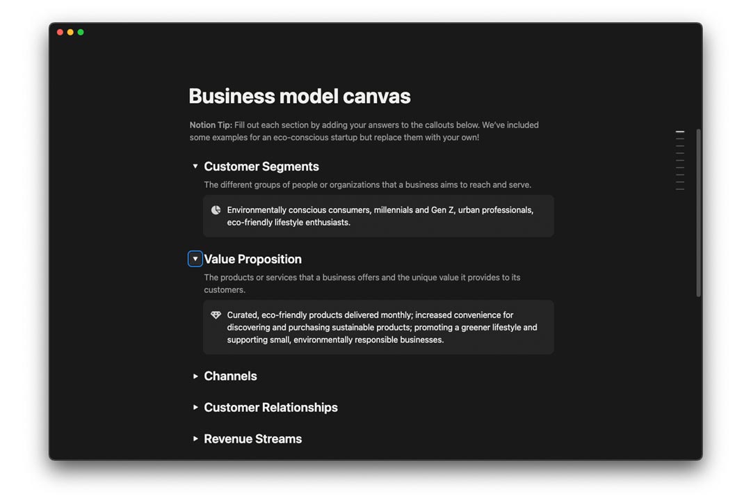 gambar contoh kanvas model bisnis dengan toggle