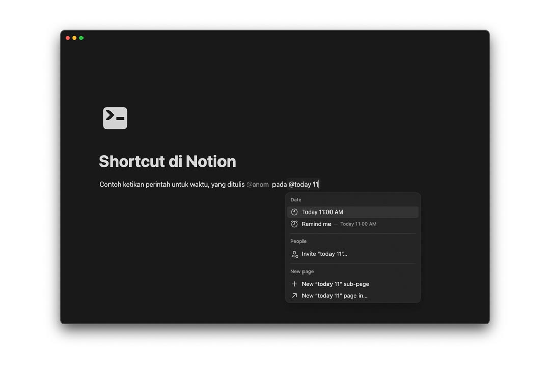 gambar contoh memakai perintah @ di halaman Notion