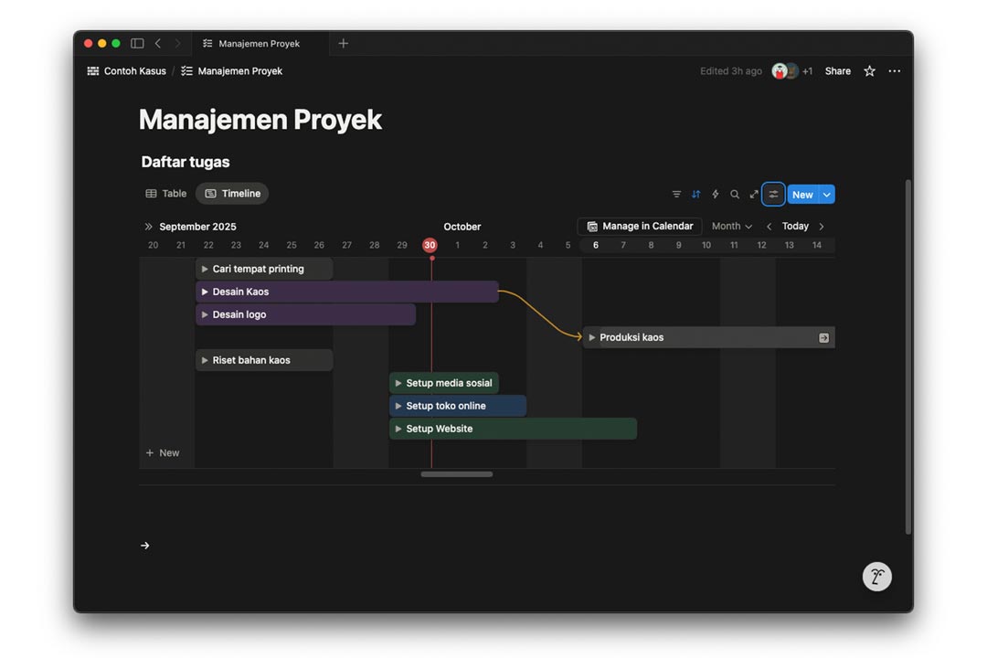 gambar menambahkan dependencies pada tugas di timeline notion