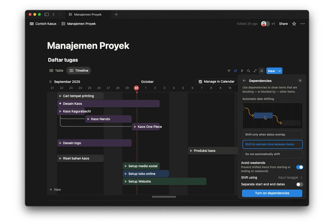 gambar menu untuk mengaktifkan dependencies di notion