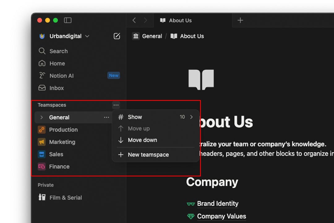 gambar menu teamspace di Notion