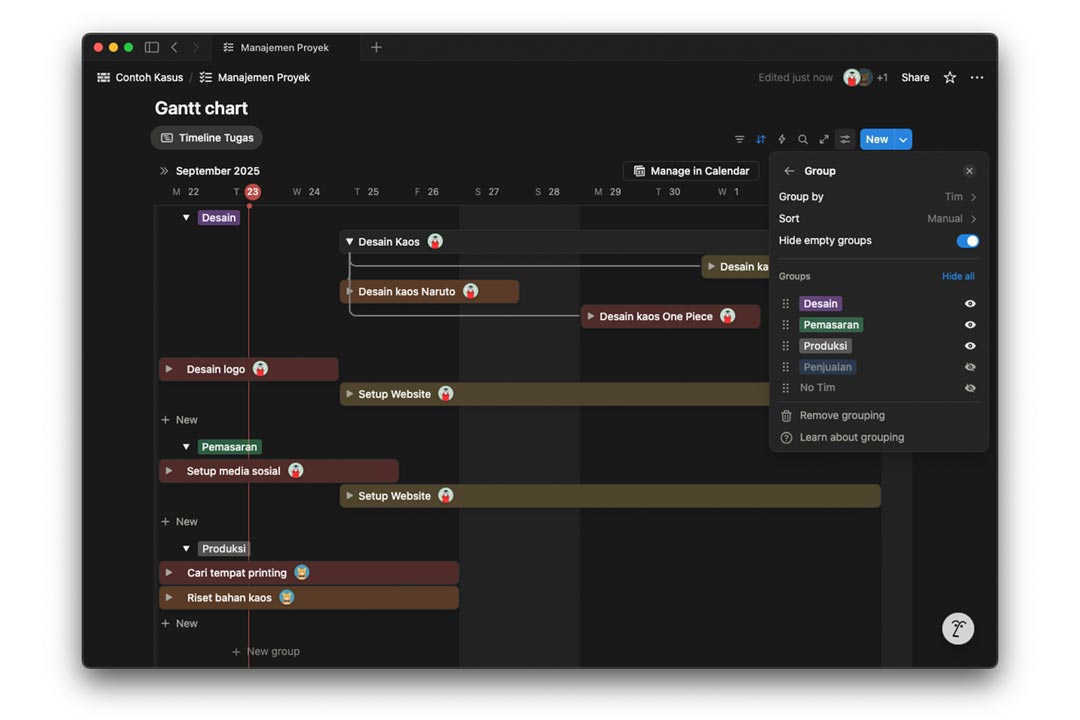 gambar mounting grup berdasar tim dengan warna timeline berdasar prioritas di notion
