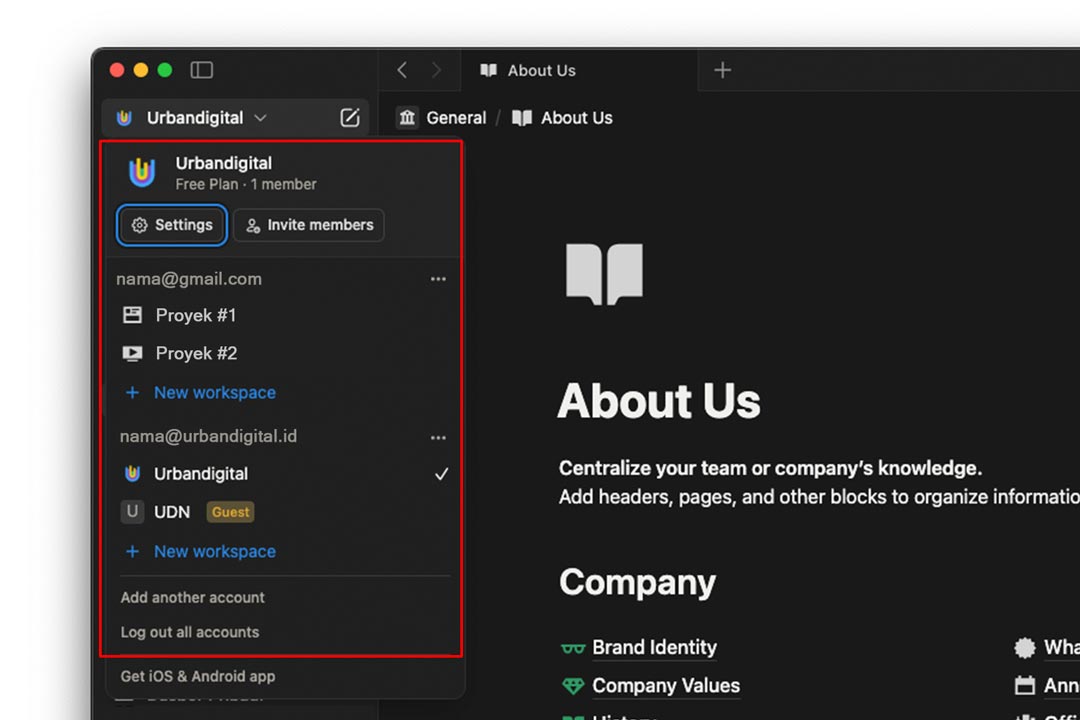gambar menu workspace di Notion