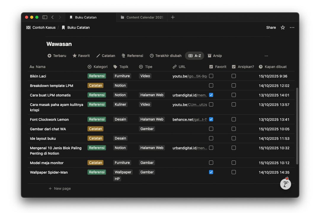 gambar contoh database booknote untuk ide dan referensi di notion