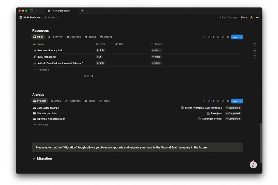 gambar database archive di dasbor PARA