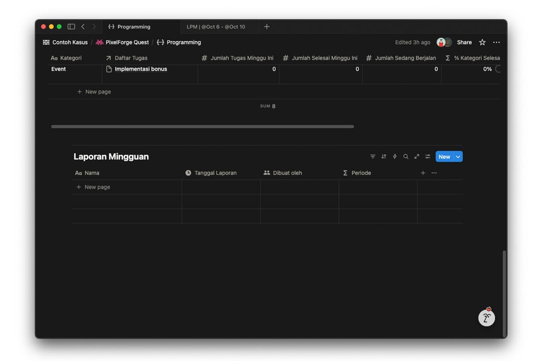 gambar database laporan mingguan