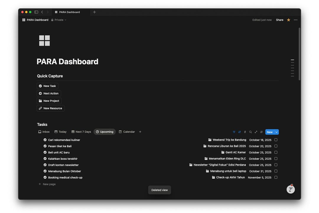 gambar database tugas di dasbor PARA