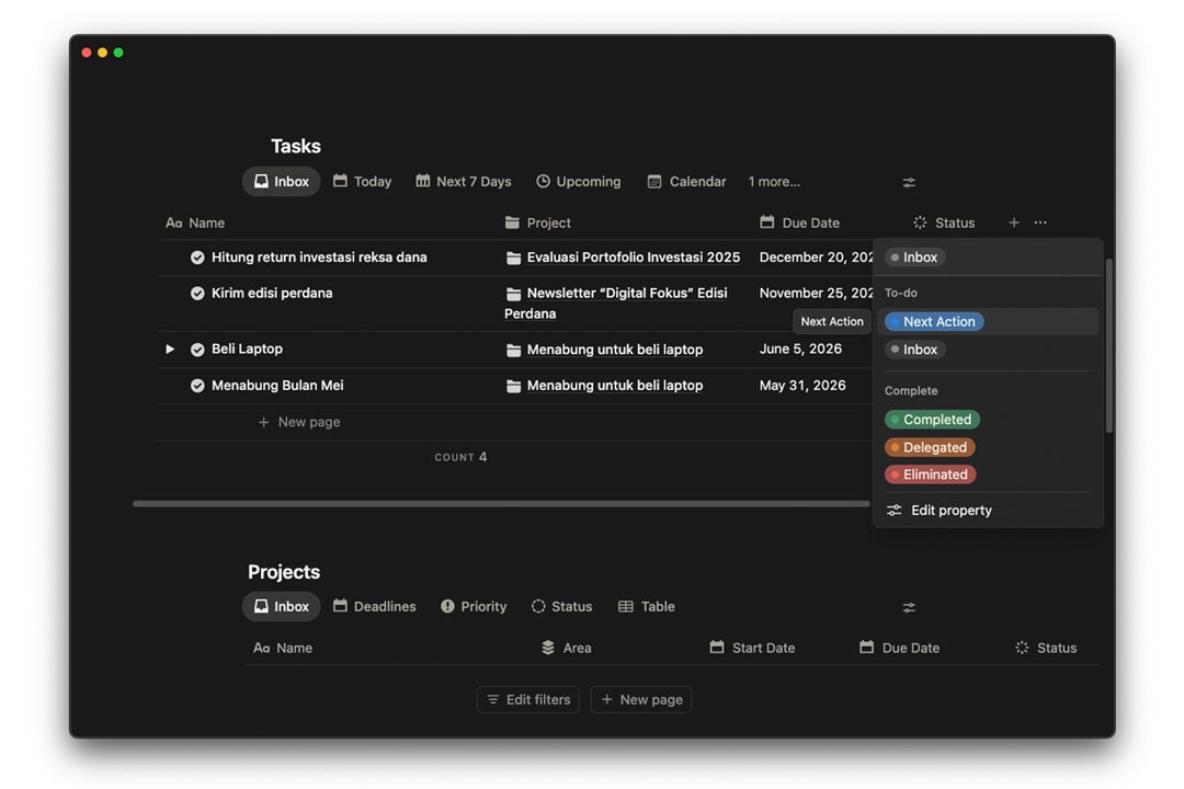 gambar mengubah status pada inbox database tugas di notion