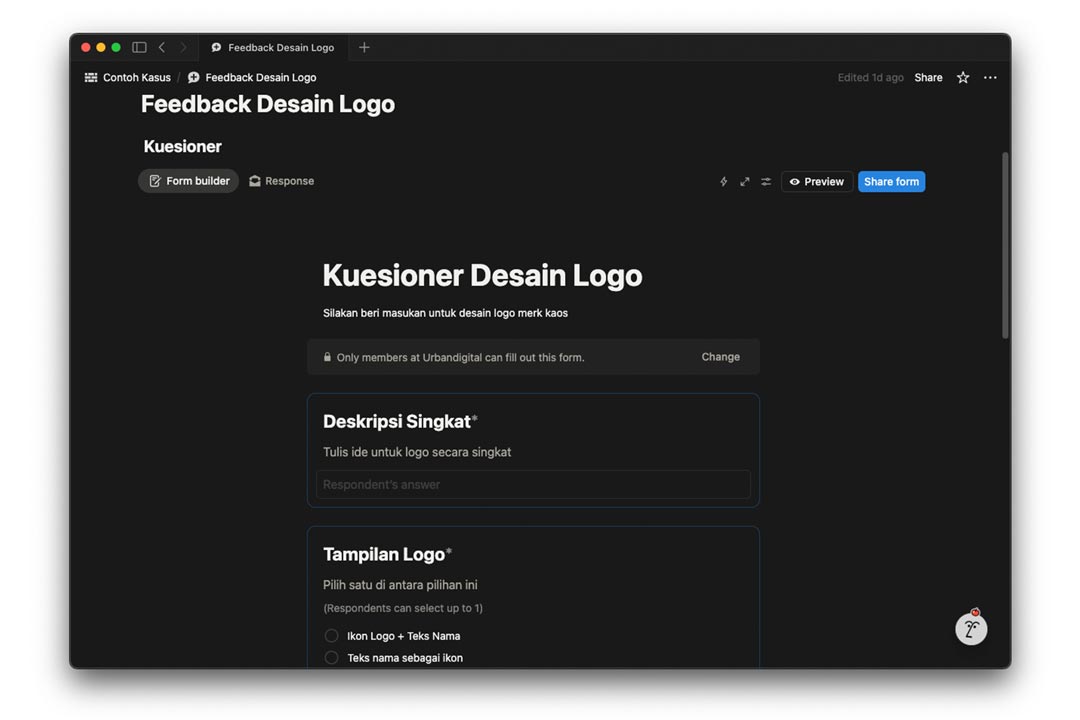 gambar contoh membuat kuesioner untuk feedback di notion