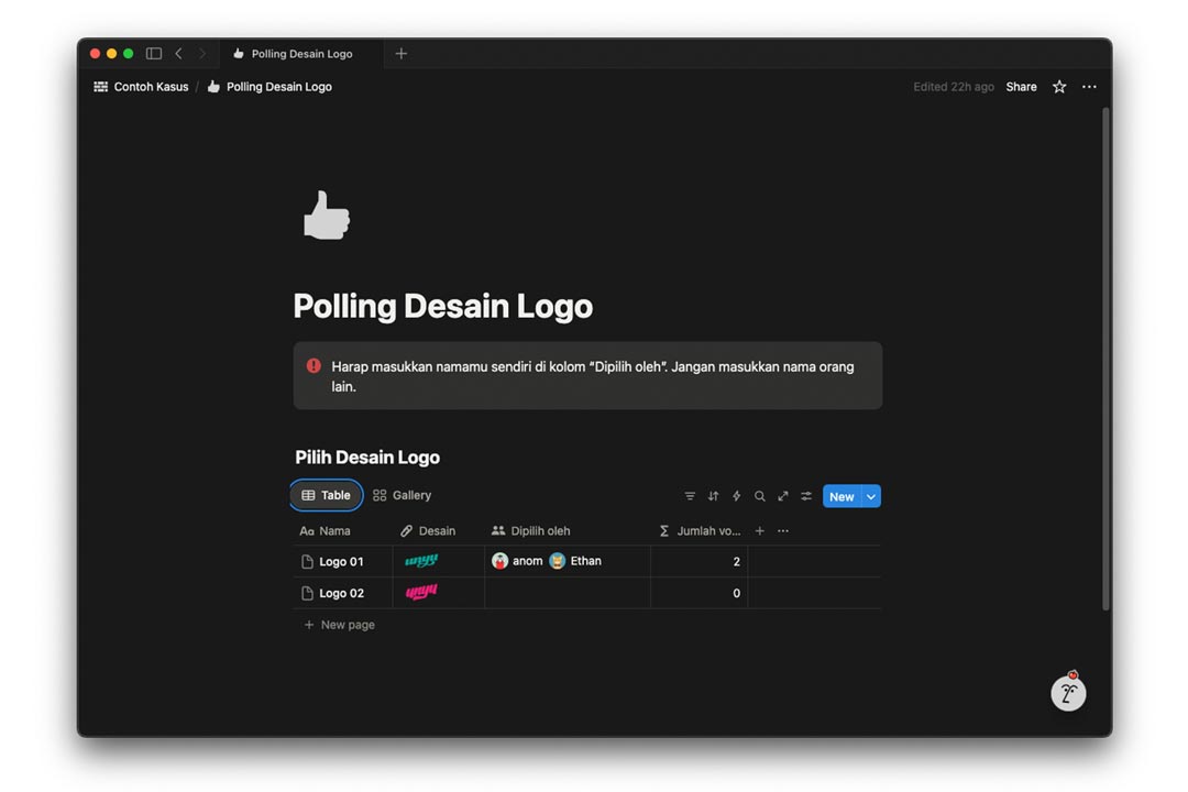 gambarr contoh polling sederhana dengan memilih pakai property Person di notion