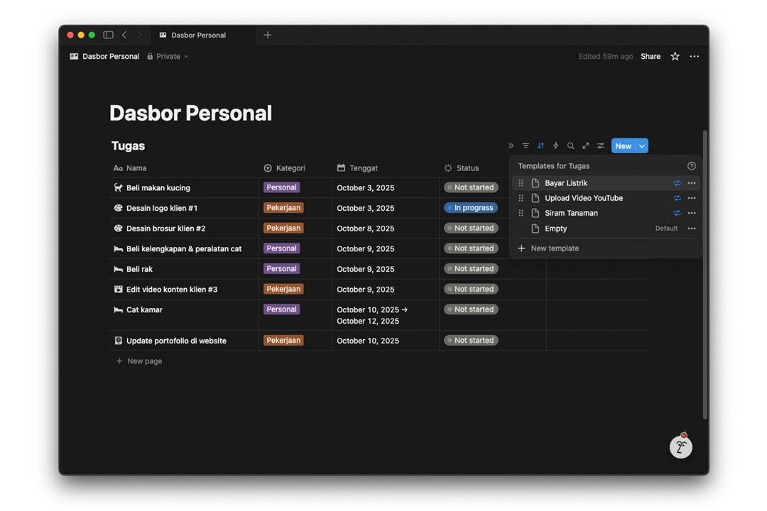 gambar menu menambah entri baru database dengan template tugas berulang di notion