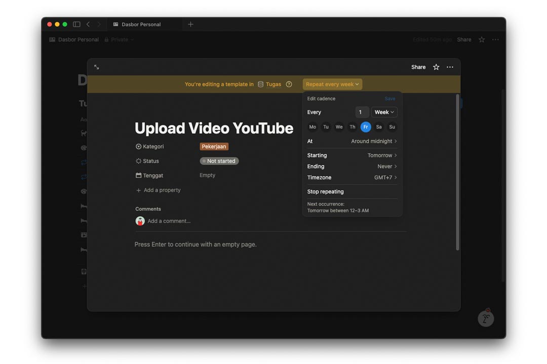 contoh template tugas berulang mingguan di Notion