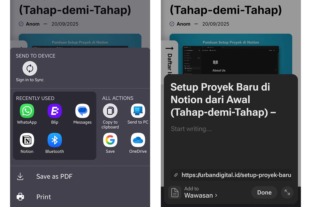 gambar cara share halaman web ke database notion