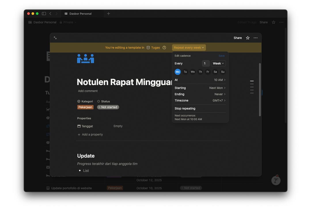 contoh membuat template catatan rapat mingguan di notion
