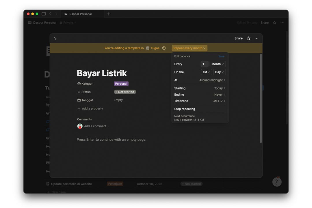 contoh template tugas berulang bulanan di Notion