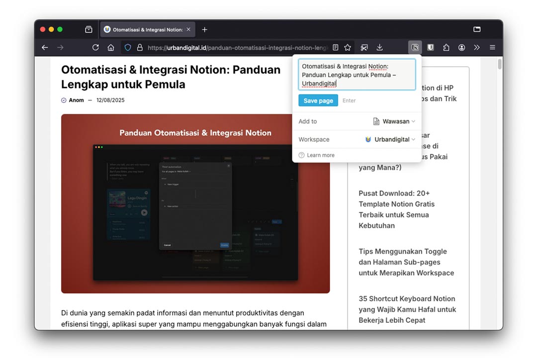 gambar cara pakai web clipper notion di browser